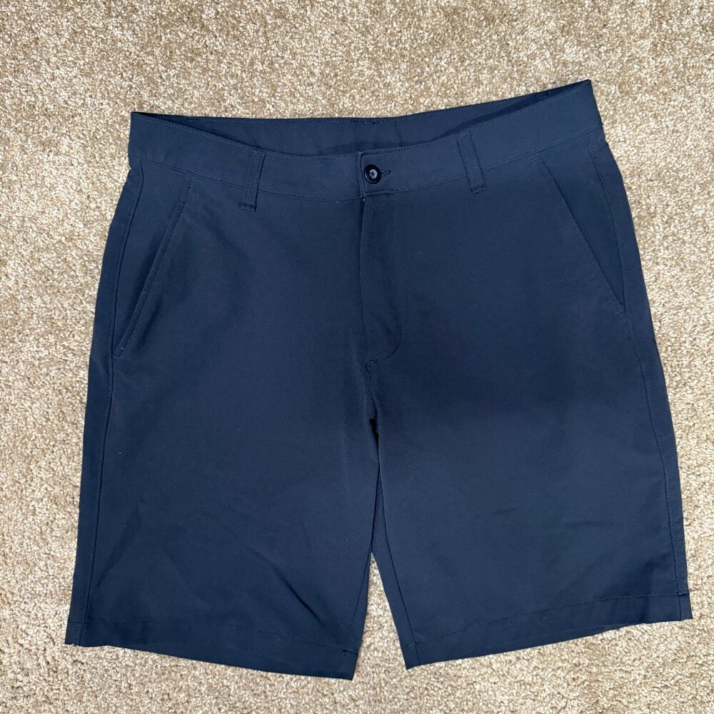 Under Armour Matchplay Shorts Mens 36 Black Stretch Logo Flat Front Mid Rise